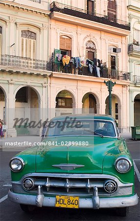 A vintage American Chevrolet on the Prado, Central Havana, Havana, Cuba, West Indies, Central America