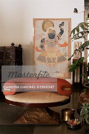 Pichwai antique, peinture sur toile du Seigneur Krishna, chez des années 1970 béton structuré, Ahmedabad, Gujarat État, Inde, Asie