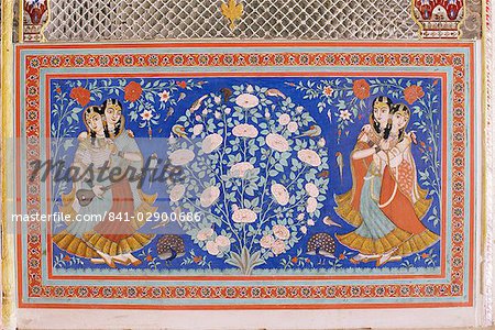 État détail de magnifiques peintures murales dans le Sheesh Mahal (hall), Samode Palace Samode, Rajasthan, Inde, Asie