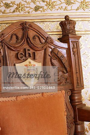An original chair used at the coronation of King George the Fifth in 1911, Sirohi Palace, Sirohi, Southern Rajasthan state, India, Asia