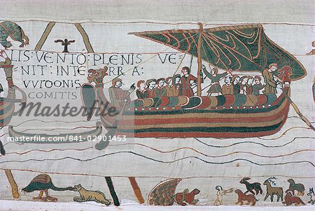 Harold steers ship across channel, a scene from the Bayeux Tapestry, Bayeux, Normandy, France, Europe