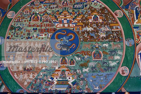 Wall painting of the wheel of life, Punakha Dzong, Bhutan, Asia