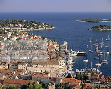 Elevated view of the town and harbour, Hvar Town, Hvar Island, Dalmatia, Dalmatian coast, Croatia, Europe