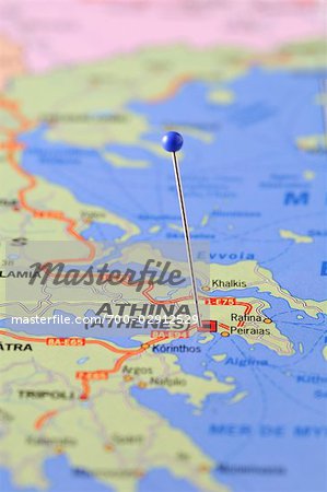 Map with Pin Marking Athens, Greece