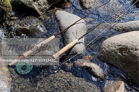 Handle of fishing rod and reel on water