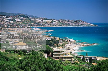 Elevated beach front and town view, Diano Marina, Italian Riviera, Liguria, Italy, Europe