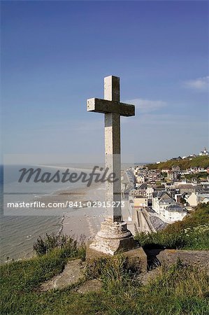 Cross above the seaside town of Ault, Picardy, France, Europe