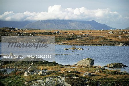 The Twelve Pins (Benna Beola) mountains rise above loughans on the lowland, Connemara, County Galway, Connacht, Eire (Republic of Ireland), Europe