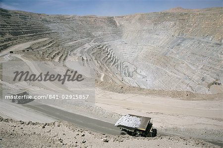 Chuqui open-pit copper mine, 4km long, 720m d eep, trucks each carrying 300t of ore, Chuquicamata, Calama, Chile, South America