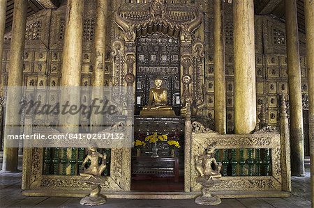 Interior of traditional wooden monastery, once part of the Royal Palace complex used by King Mindon, Shwenandaw Kyaung (Golden Palace Monastery), Mandalay, Myanmar (Burma), Asia