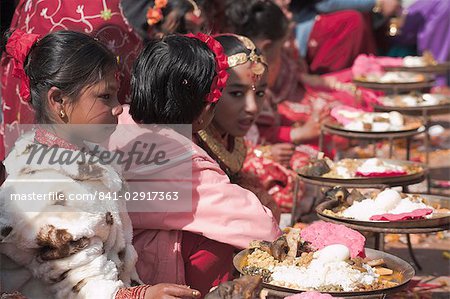 Girls at Kumari (living goddess) festival, Durbar Square, Kathmandu, Nepal, Asia