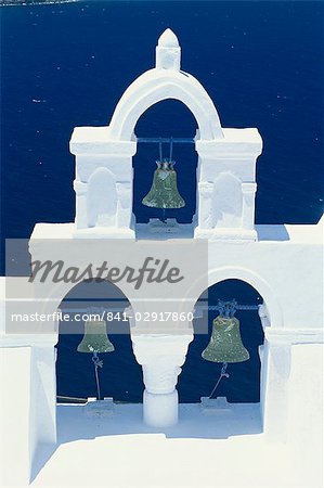 Whitewashed belltower, Fira, Santorini, Cyclades, Greek Islands, Greece, Europe