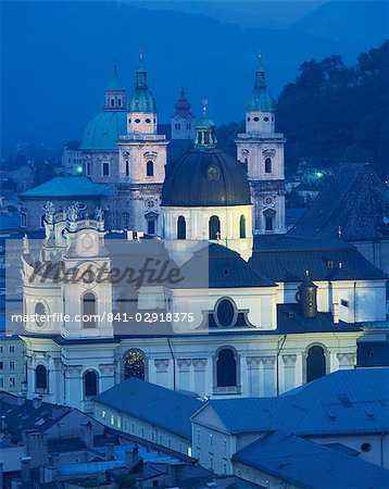 Domes and spires of churches in the evening in the town of Salzburg, Austria, Europe