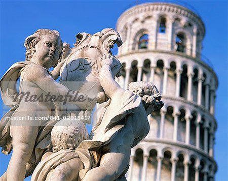 Statues in front of the Leaning Tower in Pisa, UNESCO World Heritage Site, Tuscany, Italy, Europe