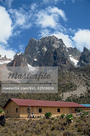 Mount Kenya and the peaks of Nelion on the left and Batian on right, with Shimpton's Camp below, Kenya, East Africa, Africa