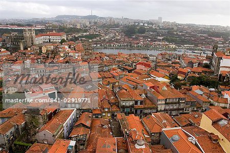 Looking south from the Clerical Tower (Torre dos Clerigos) towards the Ribeira district and the Douro River, Oporto, Portugal, Europe