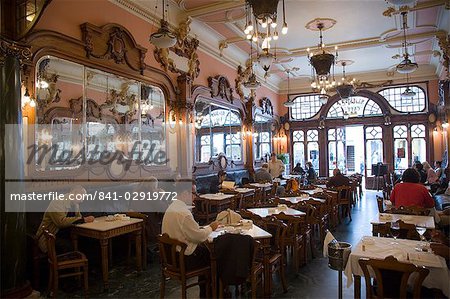 Interior benchwork of the Belle Epoque (Art Nouveau) Cafe Majestic, Rua de Santa Catarina, Oporto, Portugal, Europe