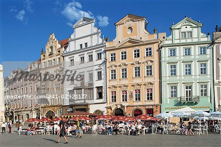 Cafes and gabled buildings on the Old Town Square in Prague, Czech Republic, Europe
