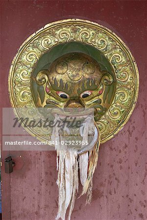 Détail de décoration bouton de porte décorée de tête de lion, conduisant au monastère du temple principal de Erdeni Dzu à Karakorum, Mongolie, Asie centrale, Asie