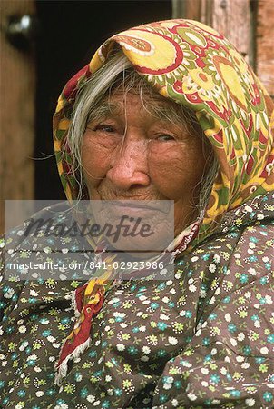 Portrait of an old Loucheux Indian woman in a head scarf at Fort McPherson in the Northwest Territories, Canada, North America