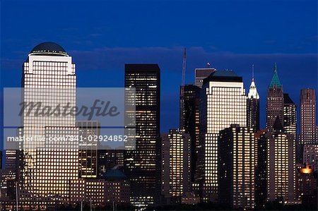 Lower Manhattan skyline at dusk across the Hudson River, New York City, New York, United States of America, North America