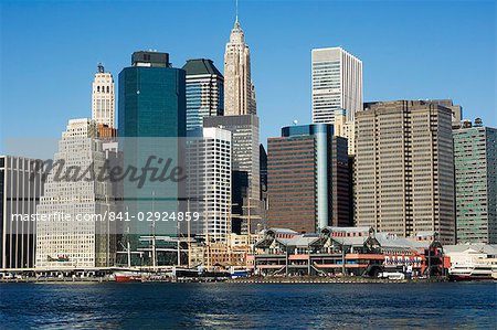 South Street Seaport and tall buildings beyond, Manhattan, New York City, New York, United States of America, North America