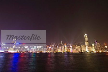 Light show over Hong Kong Island skyline, Hong Kong, China, Asia