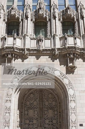 Ornate Gothic style entrance to the Tribune Tower, Chicago, Illinois, United States of America, North America