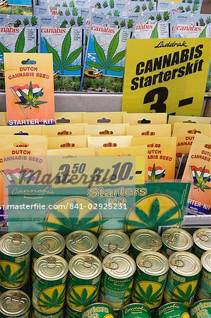 Kits de démarrage de graine cannabis, Bloemenmarkt (marché aux fleurs), Amsterdam, Pays-Bas, Europe