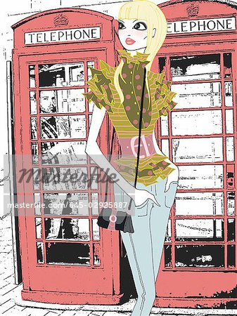Young woman in front of phone booths
