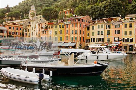 Boats moored at a harbor, Italian Riviera, Portofino, Genoa, Liguria, Italy