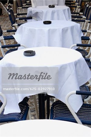 Chairs and tables at a restaurant, Italian Riviera, Portofino, Genoa, Liguria, Italy