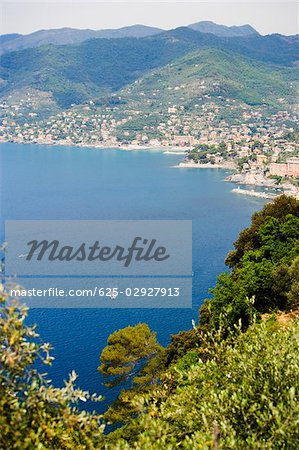 High angle view of a coastline, Recco, Italian Riviera, Genoa Province, Liguria, Italy