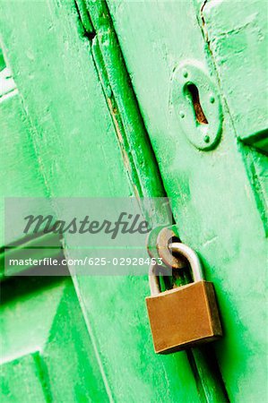 Close-up of a padlock on a wooden door, Positano, Amalfi Coast, Salerno, Campania, Italy