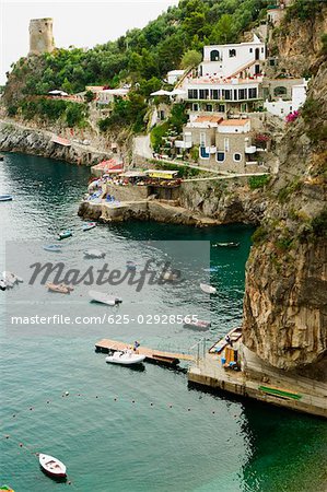 High angle view of boats in the sea, Torre Normanna, Praiano, Amalfi Coast, Salerno, Campania, Italy