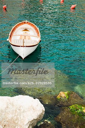 Boat moored in the sea, Cinque Terre National Park, RioMaggiore, Cinque Terre, La Spezia, Liguria, Italy