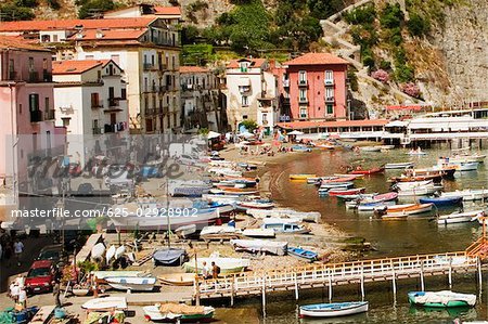 High angle view of boats at a harbor, Marina Grande, Capri, Sorrento, Sorrentine Peninsula, Naples Province, Campania, Italy