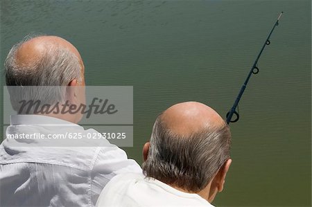 Rear view of two senior men fishing