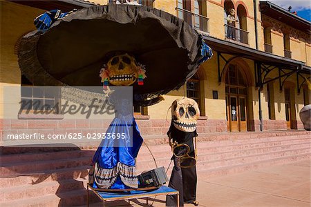 Statues in front of a railroad station building, Three Centuries Memorial Park, Aguascalientes, Mexico