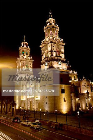 Cathedral lit up at night, Morelia Cathedral, Morelia, Michoacan State, Mexico