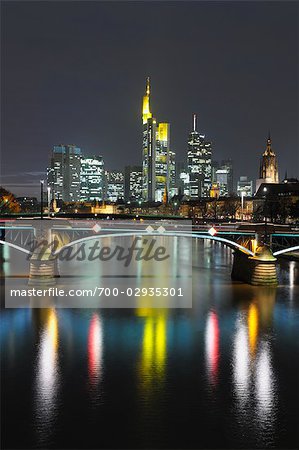 Ignatz Bubis Bridge over River Main and Skyline, Frankfurt, Hesse, Germany