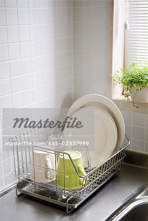 Washed dishes in dish rack