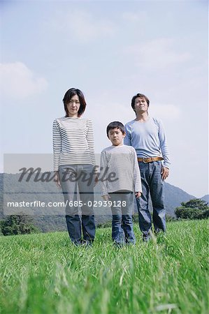 Family standing in meadow