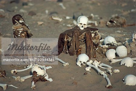 Human remains in a cemetery in the Nazca desert, Peru, South America