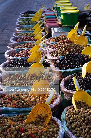 Olives on market stall, Provence, France, Europe