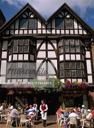 Outdoor tea room and tudor building facade, Winchester, Hampshire, England, United Kingdom, Europe