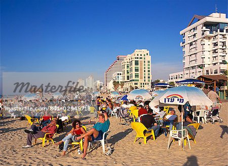 Cafe terrace on the beach, Tel Aviv, Israel, Middle East