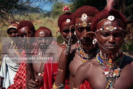 Line of Samburu Moran (warriors), Loodua, Kenya, East Africa, Africa