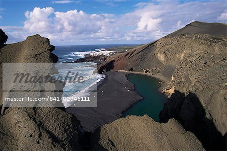 Green pool, lava mountains, El Golfo, Lanzarote, Canary Islands, Spain, Atlantic, Europe