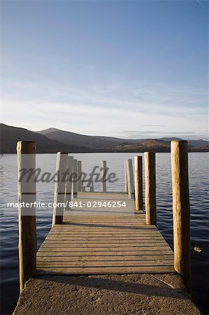 Wooden jetty at Barrow Bay landing on Derwent Water looking north west in autumn, Keswick, Lake District National Park, Cumbria, England, United Kingdom, Europe